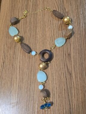 Betsey Johnson Vintage gold & Aqua Beaded Y-Necklace with Wood Accents